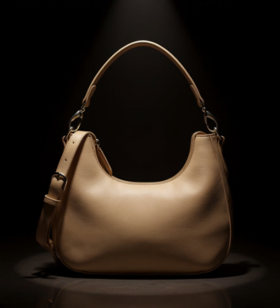 Beige handbag on a black background